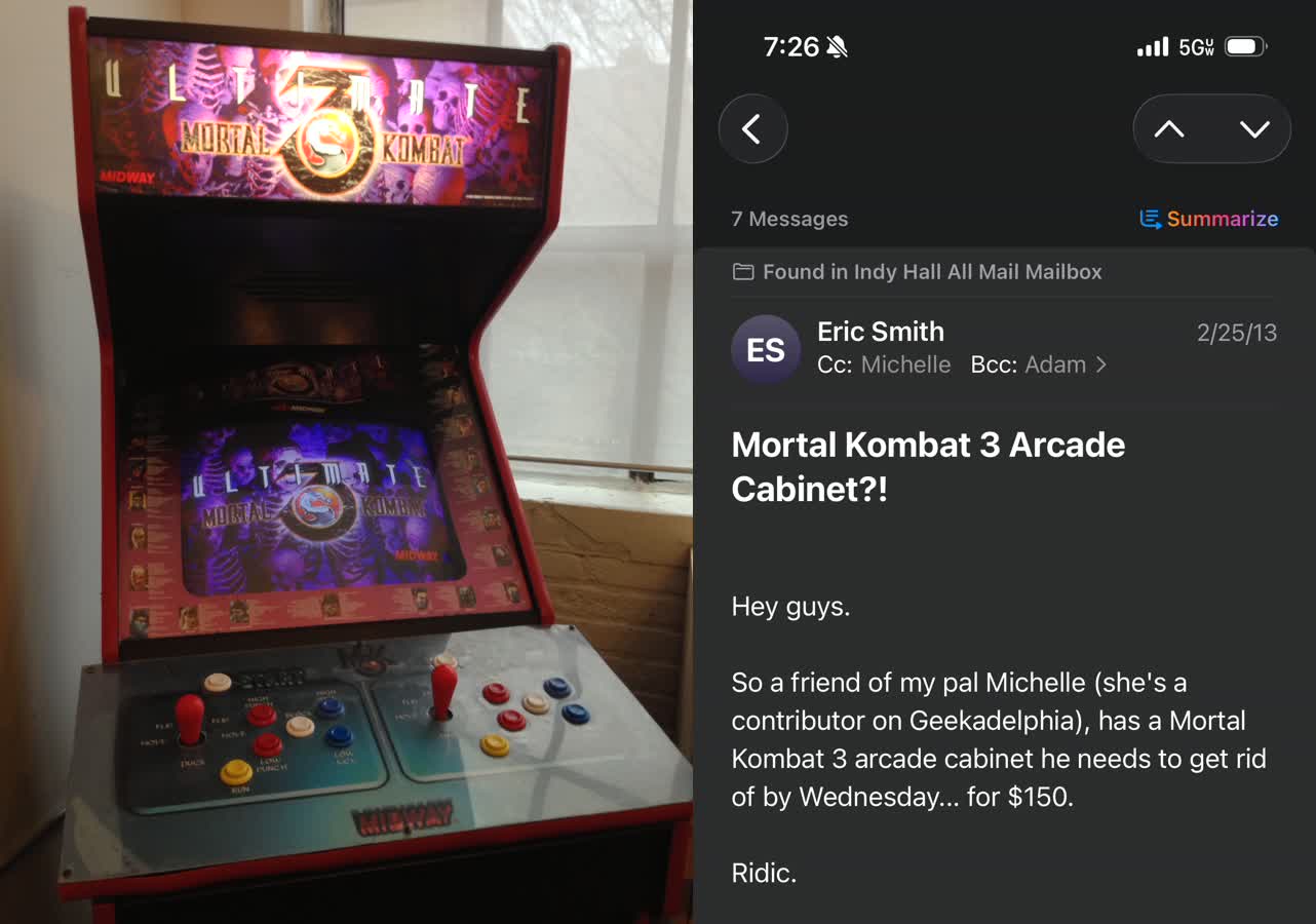 The original MK3 cabinet at Indy Hall alongside Eric Smith's email, 2013